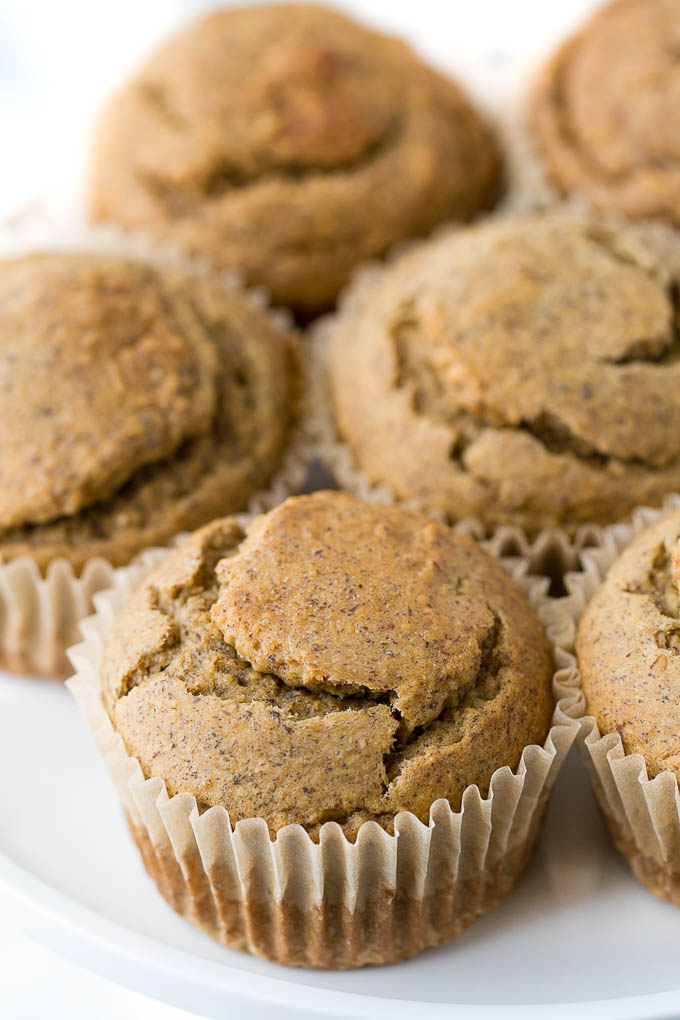 Flourless Vegan Banana Muffins - so light, tender, and loaded with flavour, you’d never know they were made without flour, oil, eggs, or refined sugar!! | runningwithspoons.com #vegan #glutenfree #recipe #snack #breakfast #healthy