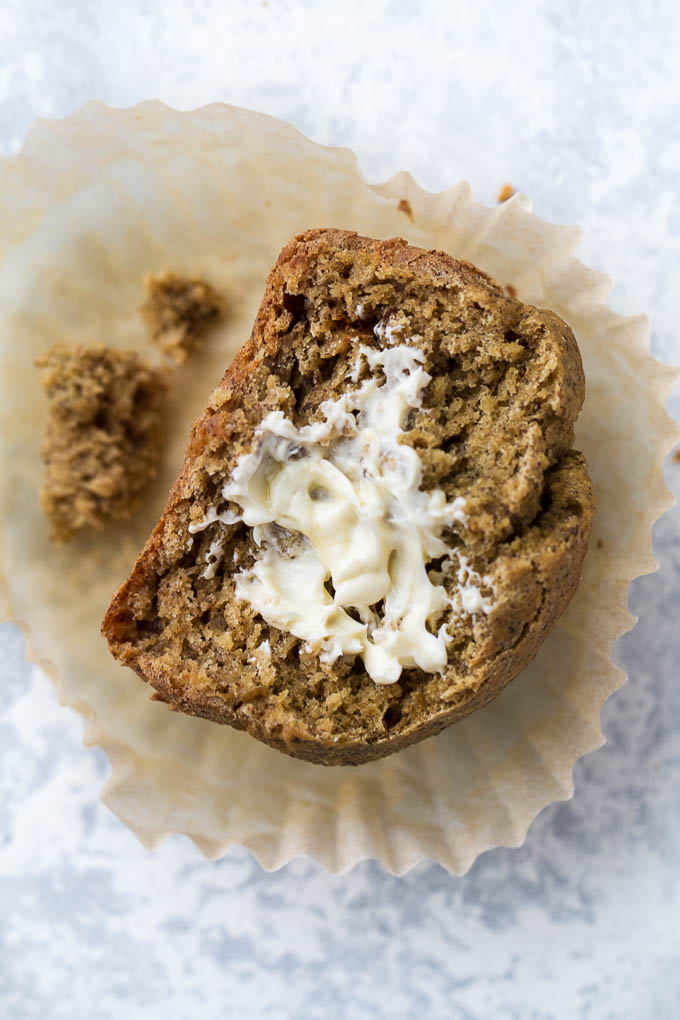 Flourless Vegan Banana Muffins - so light, tender, and loaded with flavour, you’d never know they were made without flour, oil, eggs, or refined sugar!! | runningwithspoons.com #vegan #glutenfree #recipe #snack #breakfast #healthy
